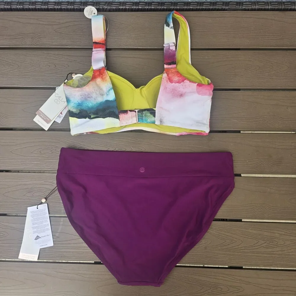 CALIA Women's Power Sculpt Bikini Top & Deep Burgundy Wide Band Bikini Sz M New